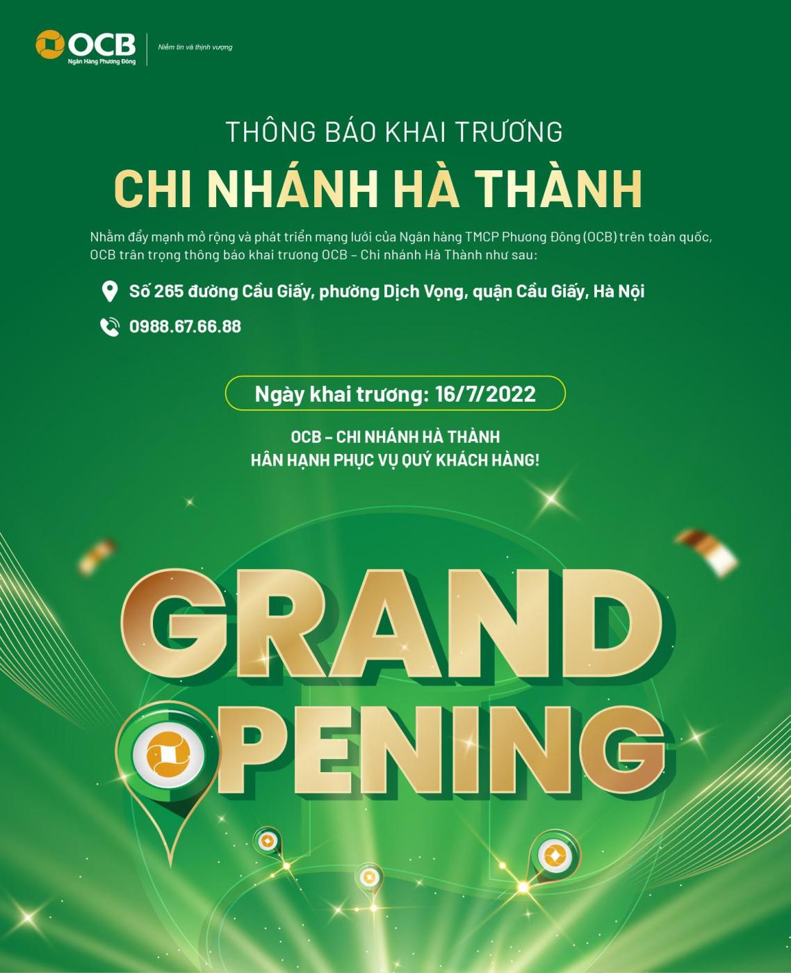 OCB khai trương Chi nhánh Hà Thành