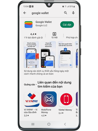 Tải ứng dụng Google Wallet từ CH Play, đăng nhập ứng dụng bằng tài khoản Google của Khách hàng
